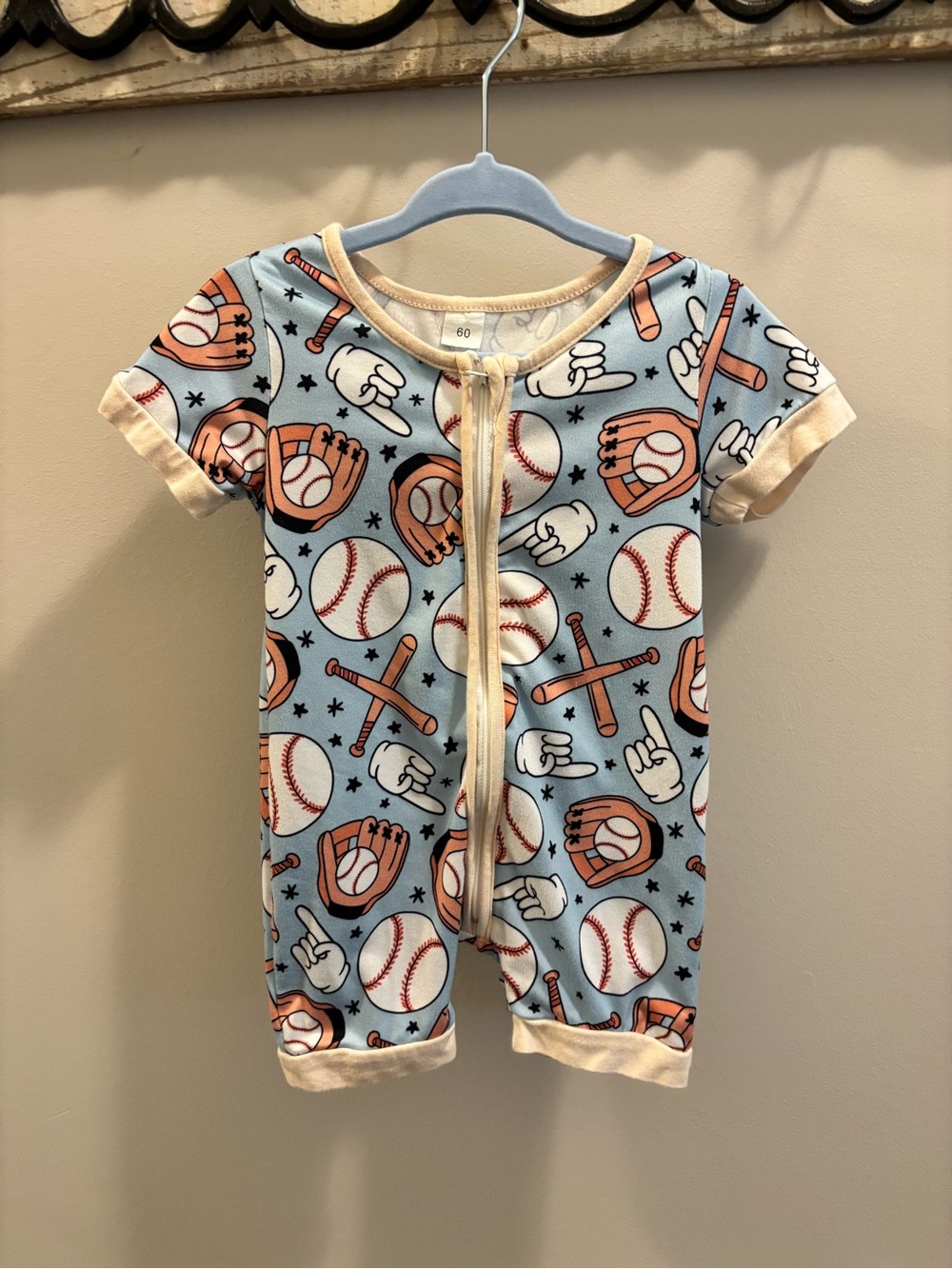 Baseball-Print Short Sleeve Kids Pajama Romper - Light Blue